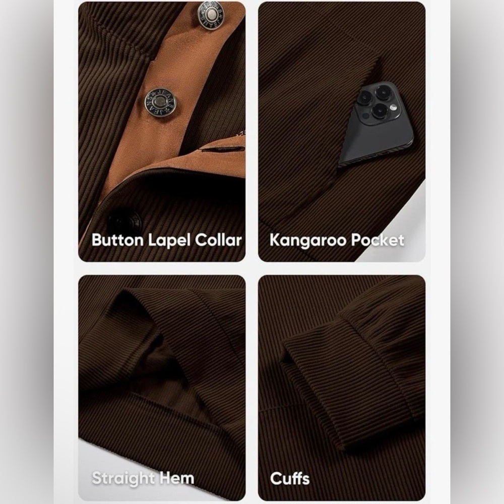 NWT Men’s Henley Pullover In Coffee Brown Corduroy with Brown Accents Size XL - Picture 7 of 12
